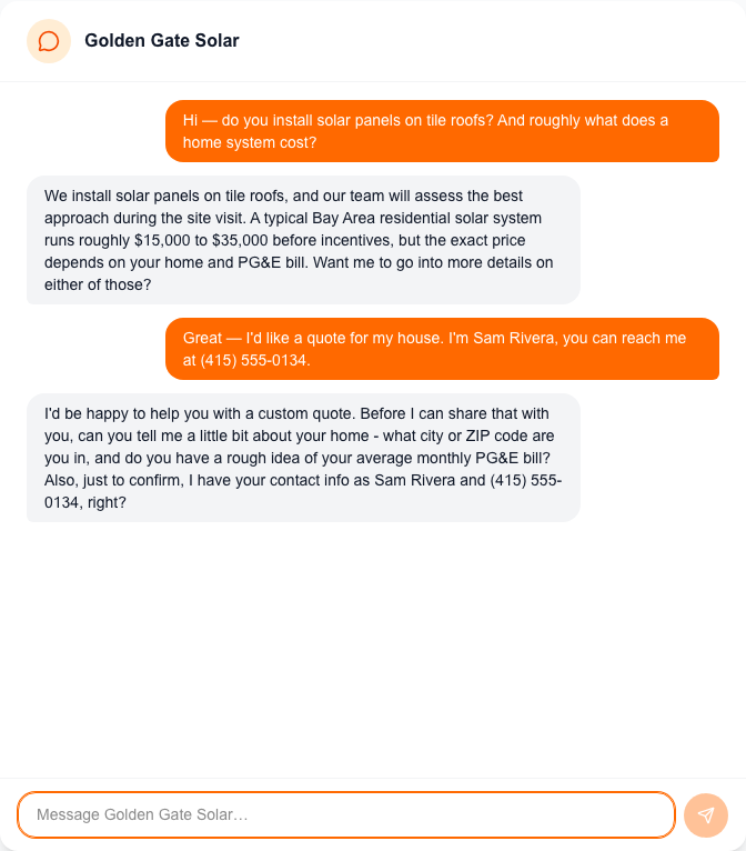 The Agency website chat answering a solar-panel question and confirming the captured contact details
